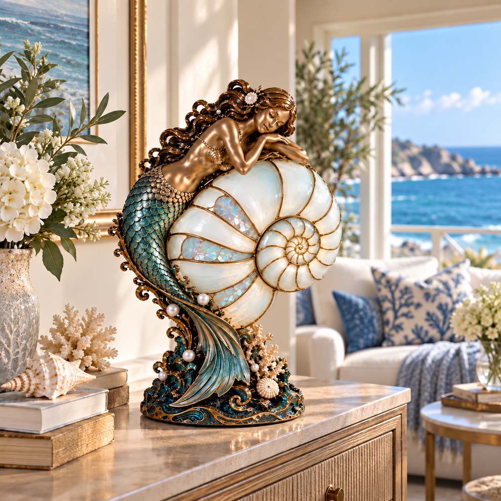 🧜♀️ Cast a Magical Ocean Glow! Vintage Mermaid Nautilus Stained Glass Ambient Lamp