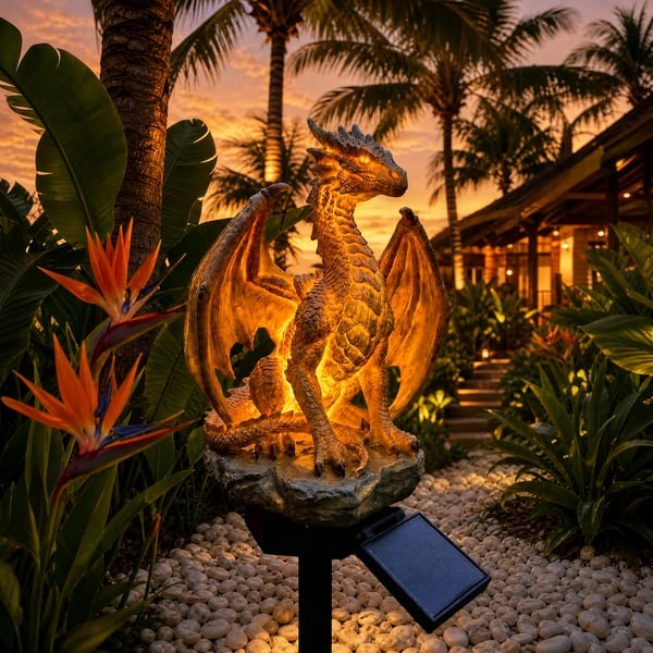 šSolar Dragon Garden Statue Light ā Golden Ember Fantasy Outdoor Decor