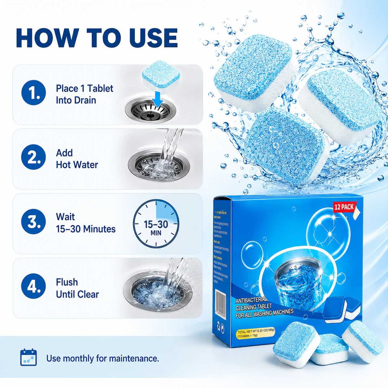 12-Pack Drain Cleaning Tablets – Say Goodbye to Clogged Pipes!