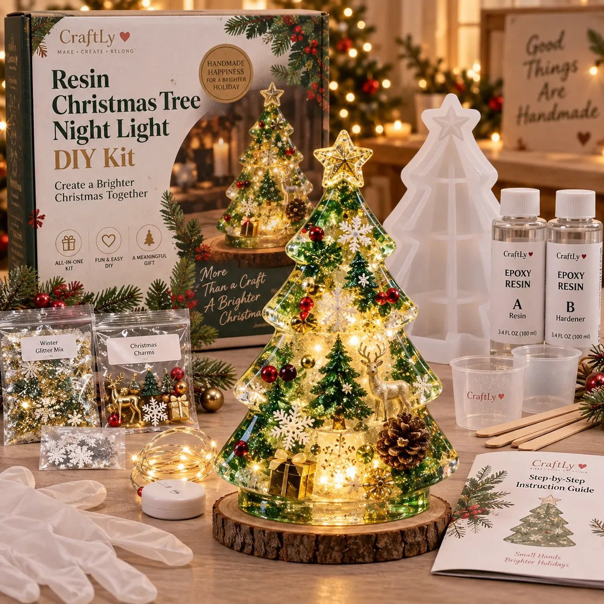 🎄 Christmas Tree Night Light DIY Kit | Complete Kit with Mold, Resin, Fairy Lights & Festive Decorations ✨