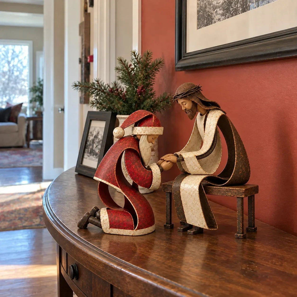 ✝️ Santa Kneeling Before Jesus Christmas Figurines | Meaningful Wood & Iron Faith Décor 🎄