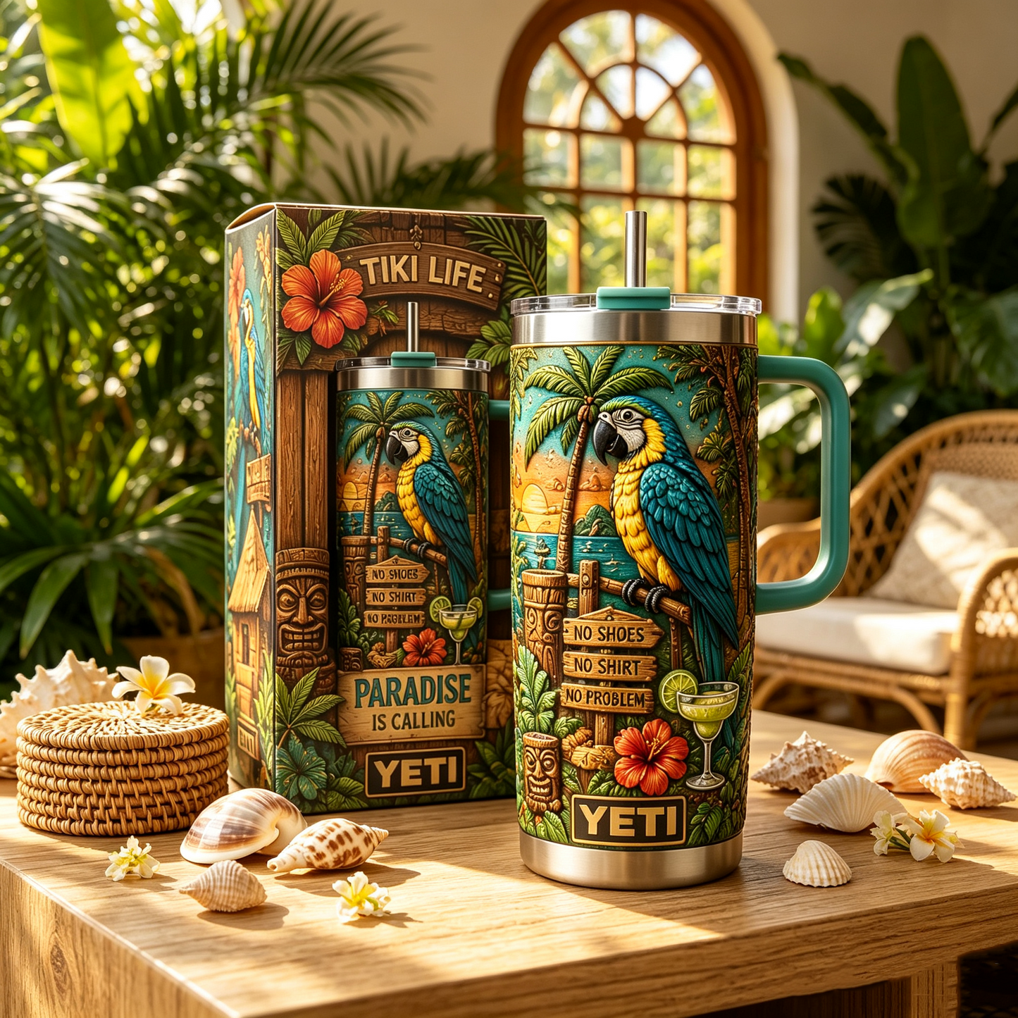 š“Personalized Tiki Life Tropical Parrot Beach 40oz Handle Tumbler