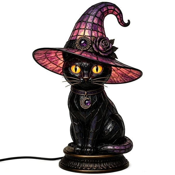 🐈‍⬛Gothic Stained Glass Witch Black Cat Table Lamp