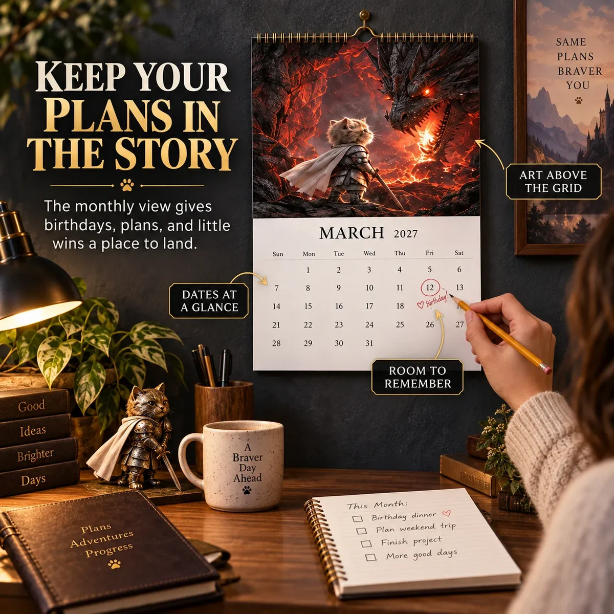 🐱2027 Knight Cat vs. The Dragon Wall Calendar | 12 Fantasy Scenes