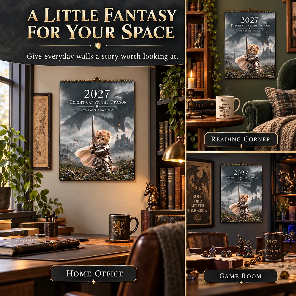 🐱2027 Knight Cat vs. The Dragon Wall Calendar | 12 Fantasy Scenes