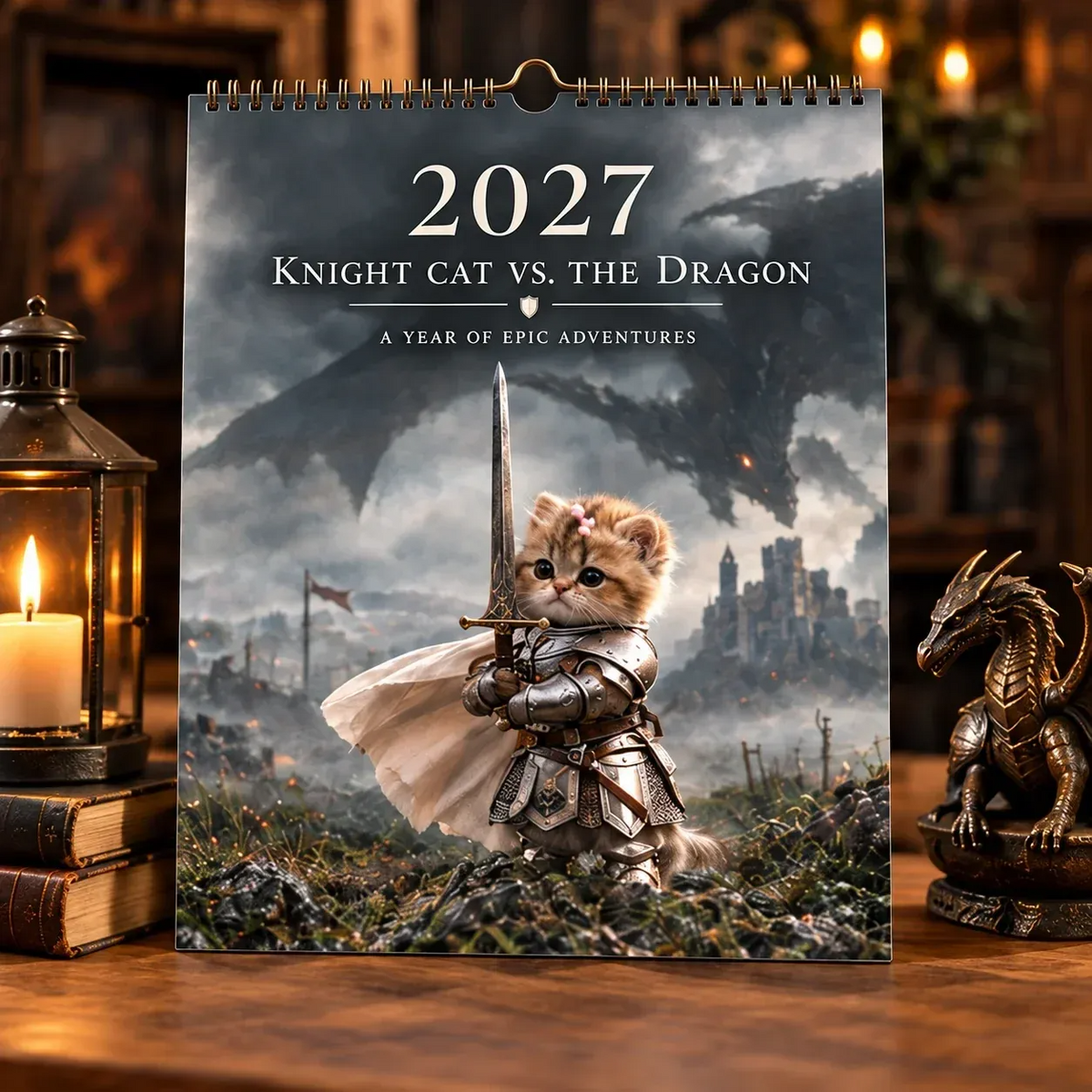 🐱2027 Knight Cat vs. The Dragon Wall Calendar | 12 Fantasy Scenes