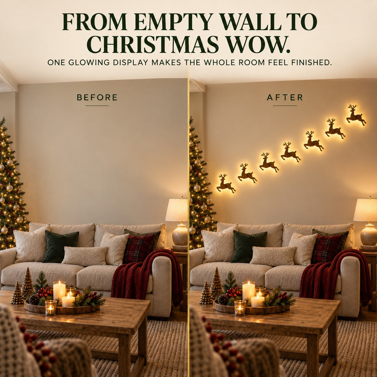 🎅 7-Piece Glowing Reindeer Wall Decor – Warm Festive Christmas Lighting🦌