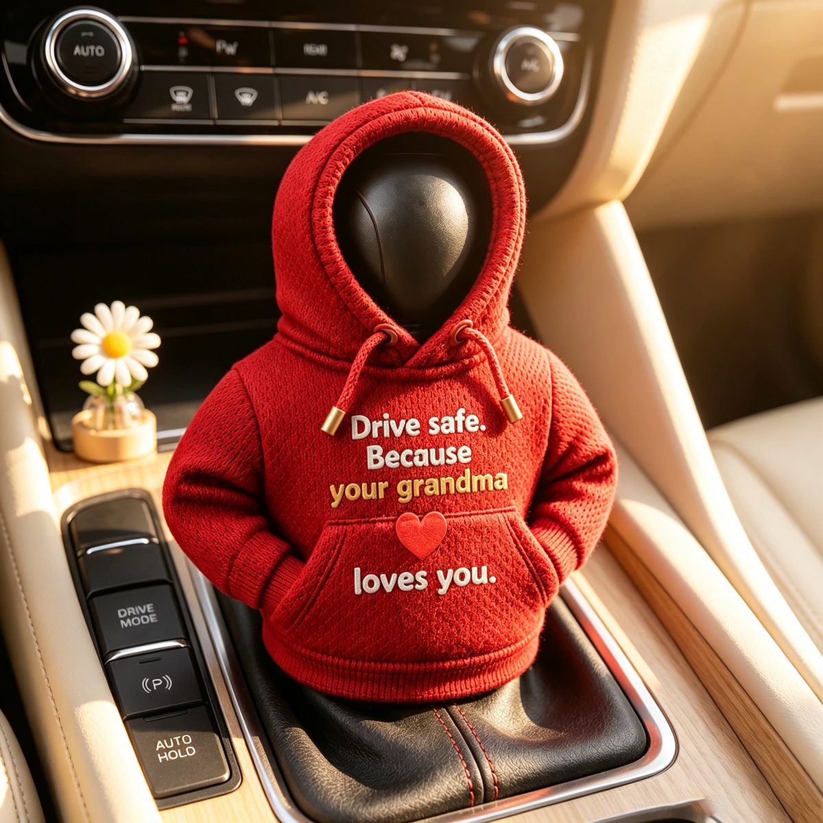 Mini Car Gear Shift Knob Hoodie Cover - "Drive Safe Grandma Loves You" Cute Shifter Sweatshirt Gift for Grandson & Family