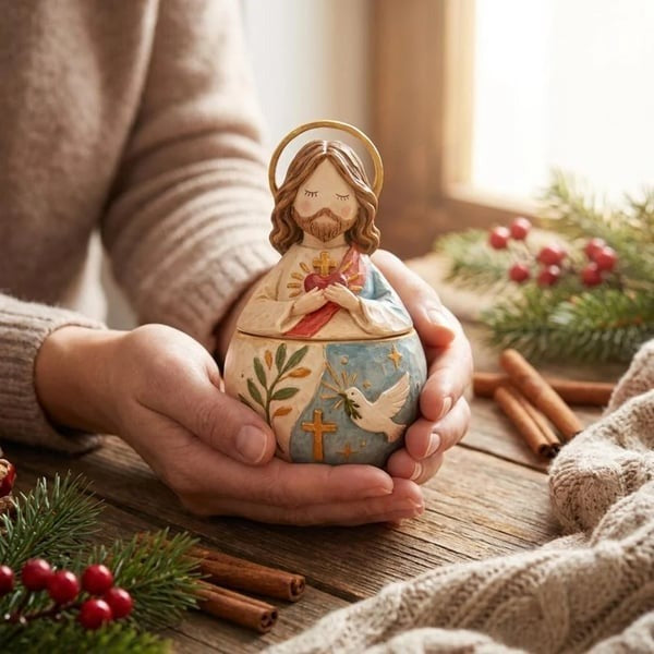 ⛪Divine Grace Collection: Hand-Painted Sacred Heart Jesus & Blessed Mary Keepsake Box