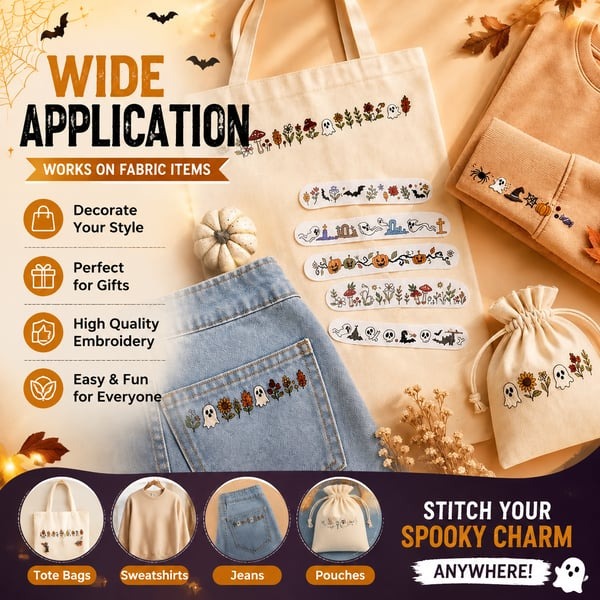🎃Halloween Embroidery Pattern Set | Water-Soluble Pre-Printed Patterns for Beginner Crafters to Decorate Clothes & Accessories