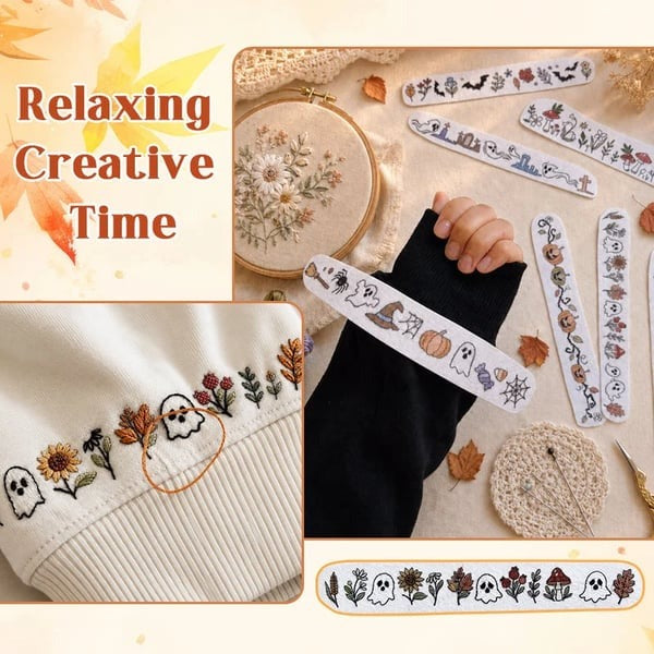 🎃Halloween Embroidery Pattern Set | Water-Soluble Pre-Printed Patterns for Beginner Crafters to Decorate Clothes & Accessories
