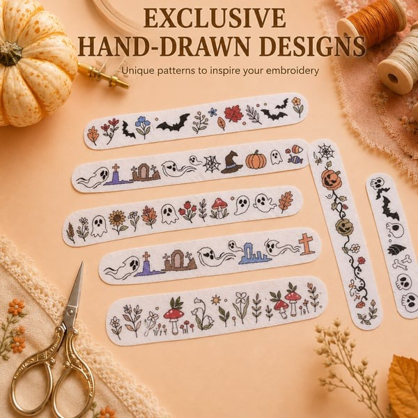 🎃Halloween Embroidery Pattern Set | Water-Soluble Pre-Printed Patterns for Beginner Crafters to Decorate Clothes & Accessories