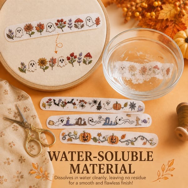🎃Halloween Embroidery Pattern Set | Water-Soluble Pre-Printed Patterns for Beginner Crafters to Decorate Clothes & Accessories