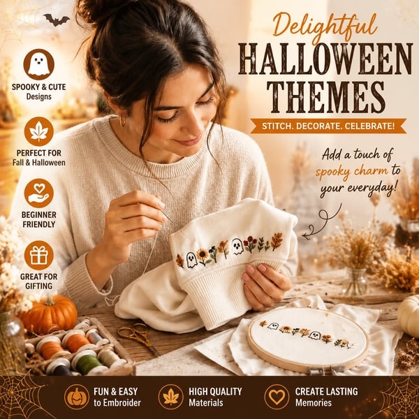🎃Halloween Embroidery Pattern Set | Water-Soluble Pre-Printed Patterns for Beginner Crafters to Decorate Clothes & Accessories