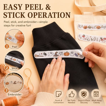 🎃Halloween Embroidery Pattern Set | Water-Soluble Pre-Printed Patterns for Beginner Crafters to Decorate Clothes & Accessories