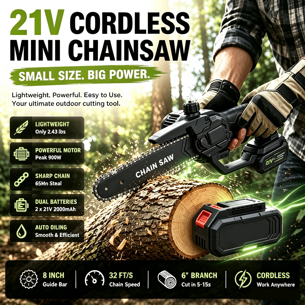 21V 8-Inch Cordless Mini Chainsaw