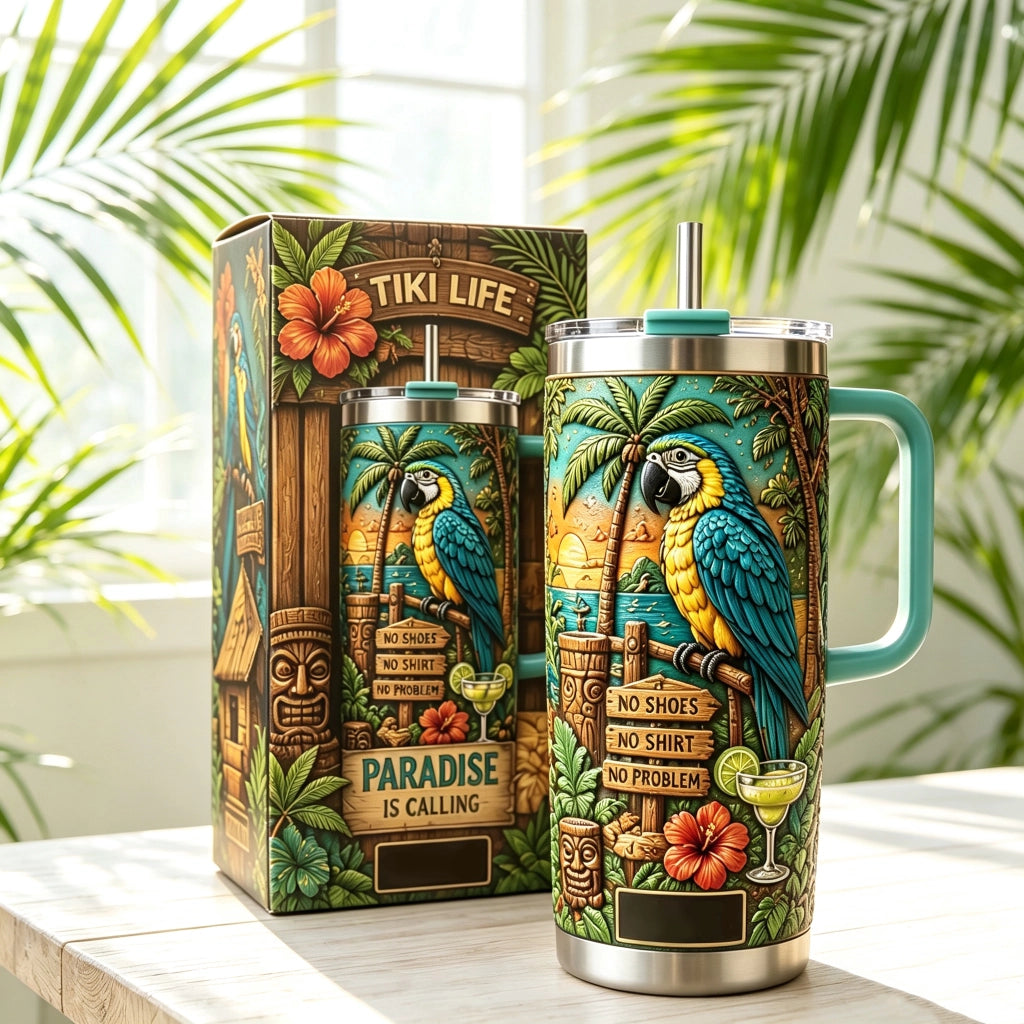 🌴Personalized Tiki Life Tropical Parrot Beach 40oz Handle Tumbler
