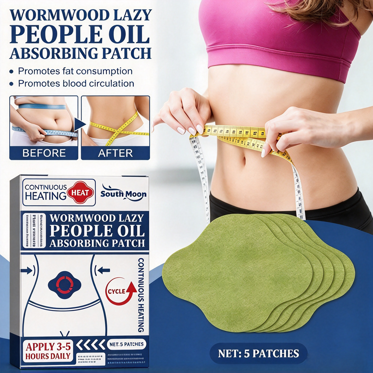Wormwood Herbal Belly Slim Patch, Self-Heating Natural Detox Tummy Patch for Waist, Belly, Thigh & Arm