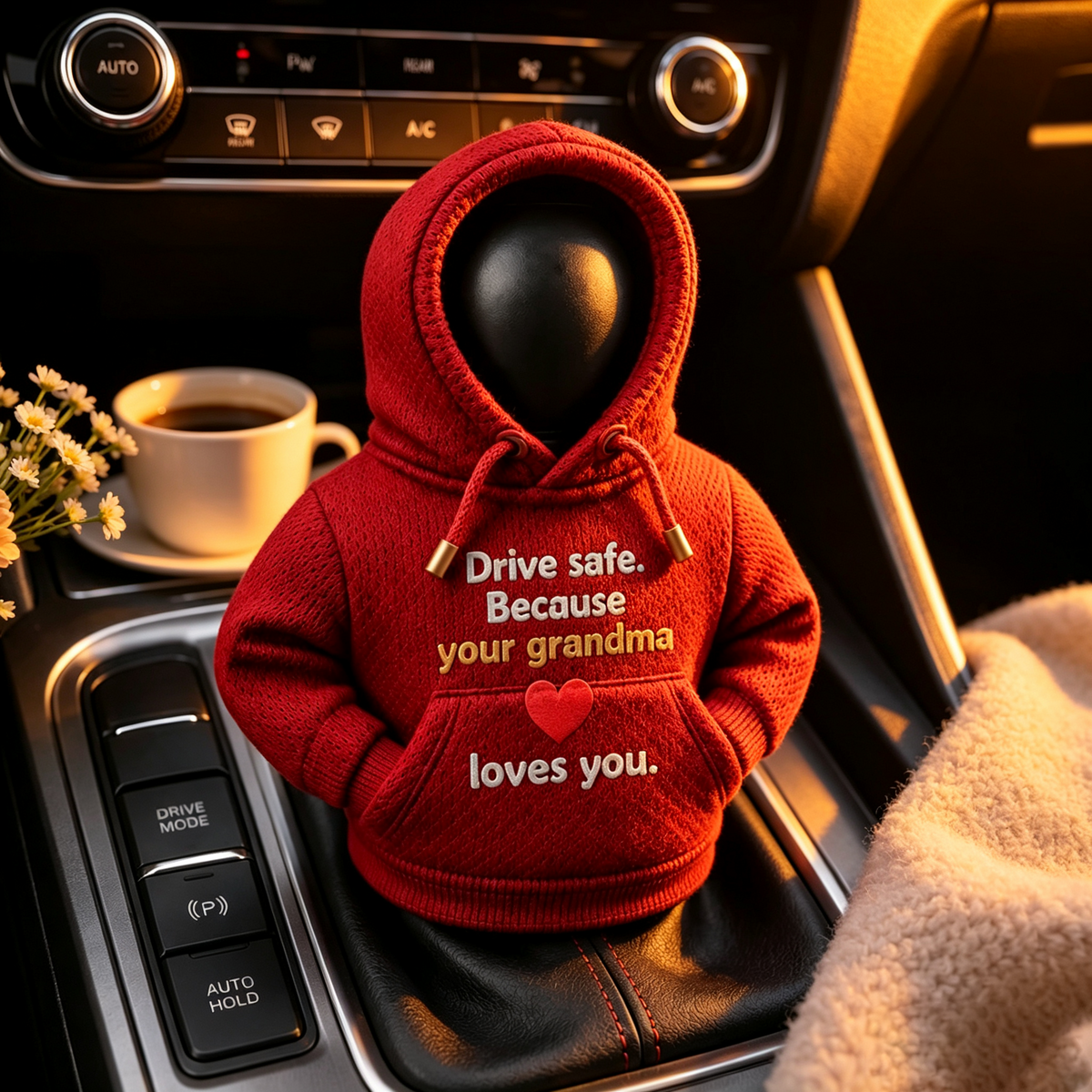 Mini Car Gear Shift Knob Hoodie Cover - "Drive Safe Grandma Loves You" Cute Shifter Sweatshirt Gift for Grandson & Family