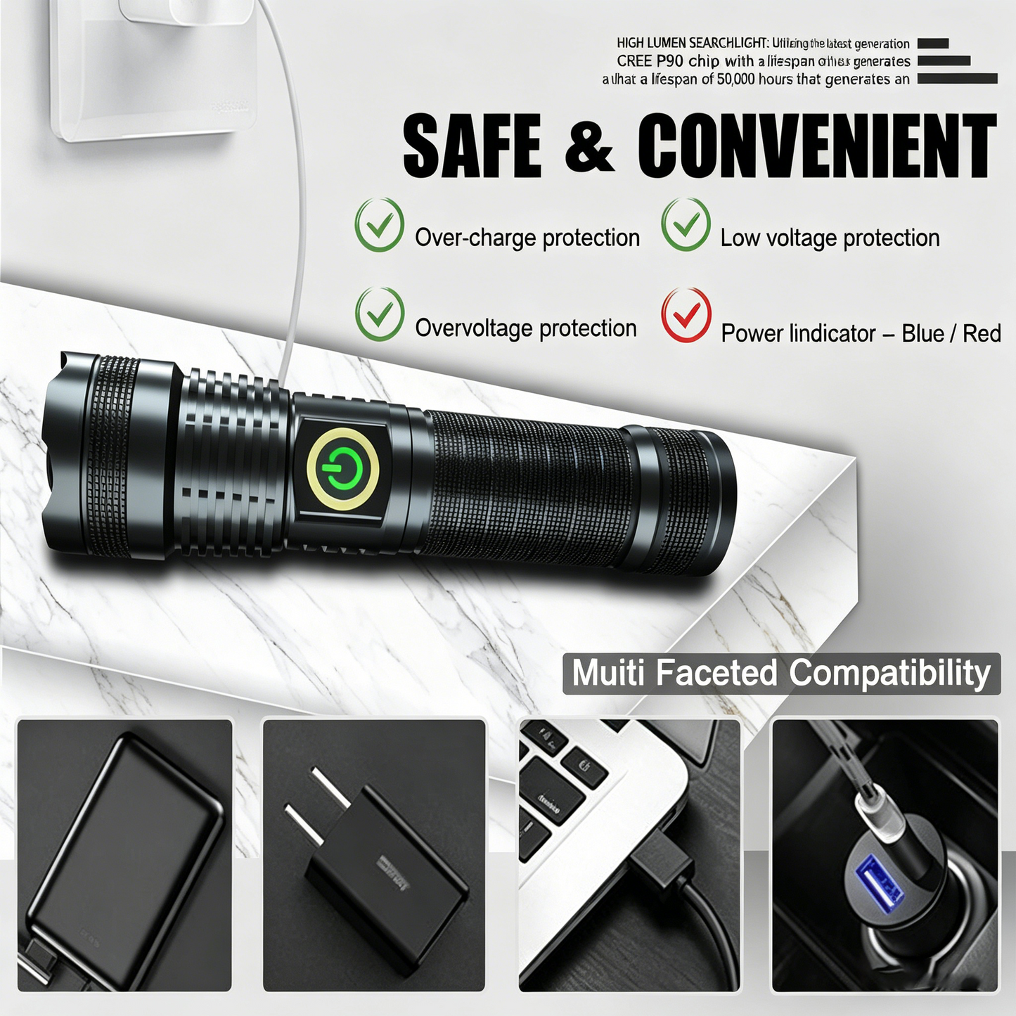 XHP70 5000 Lumens Flashlight 5 Modes with Battery Rechargeable