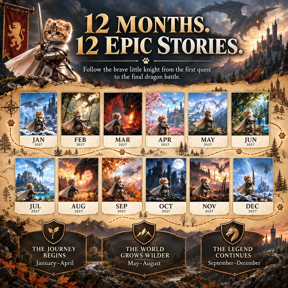 🐱2027 Knight Cat vs. The Dragon Wall Calendar | 12 Fantasy Scenes