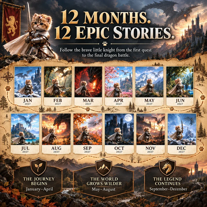 🐱2027 Knight Cat vs. The Dragon Wall Calendar | 12 Fantasy Scenes