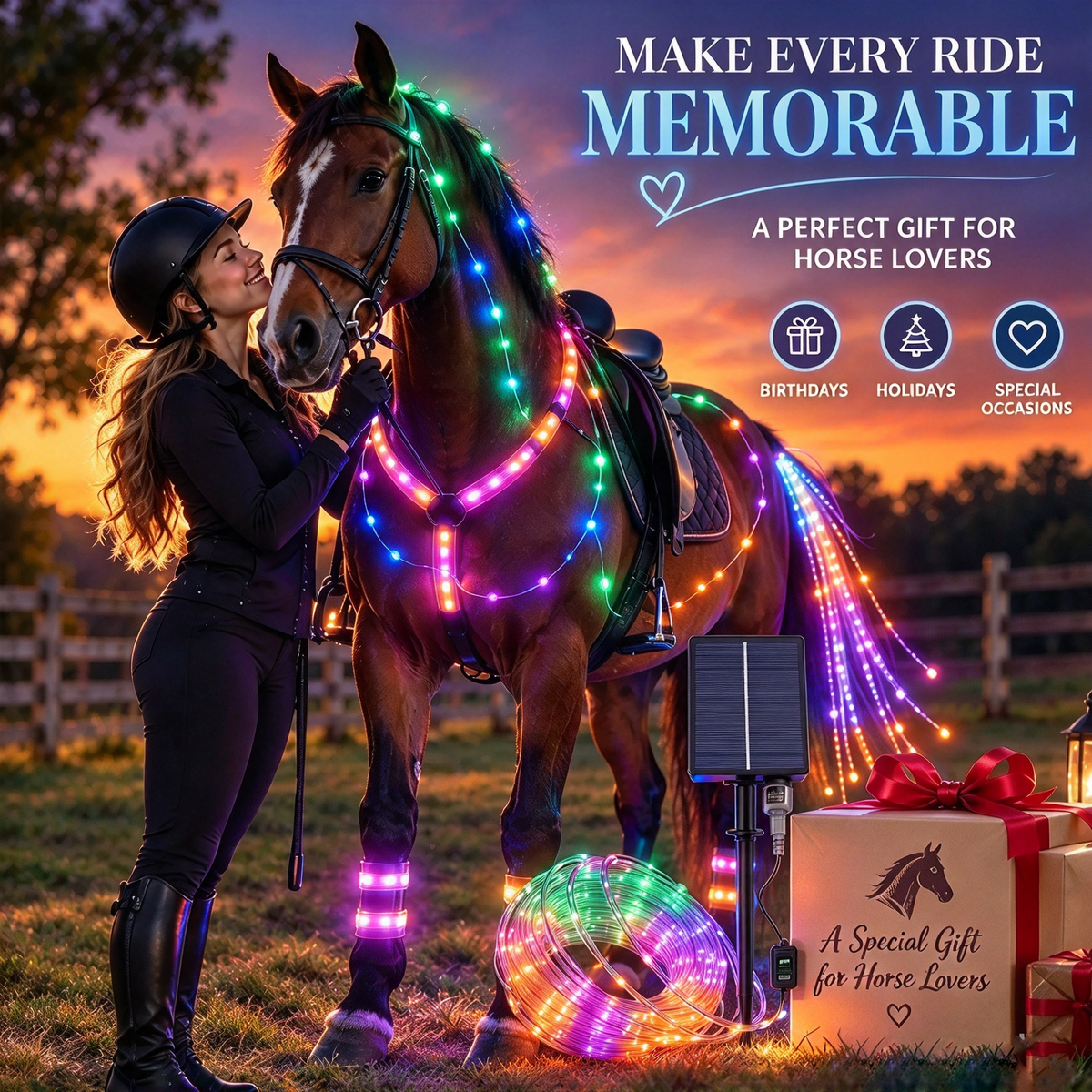 dht™⭐❤️🏇LED Horse Night Riding Lights&Free Solar-powered remote control – Full-Body Glow Kit with Enhanced Visibility & 12 Lighting Modes✨
