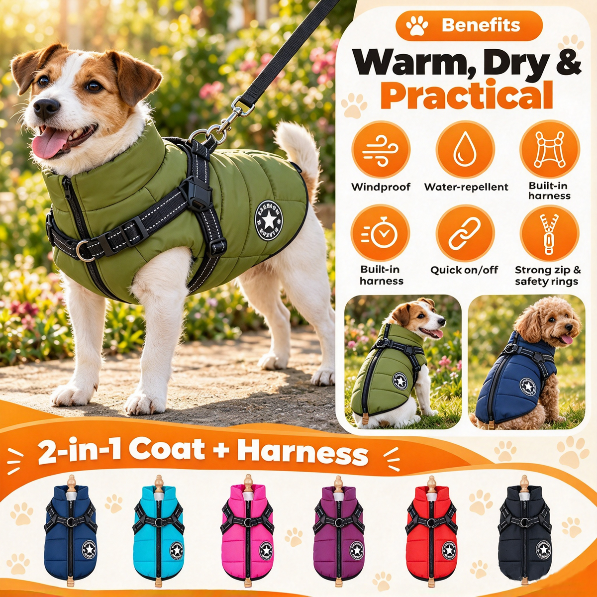 2-in-1 Water-Repellent Winter Down Jacket with Integrated Harness
