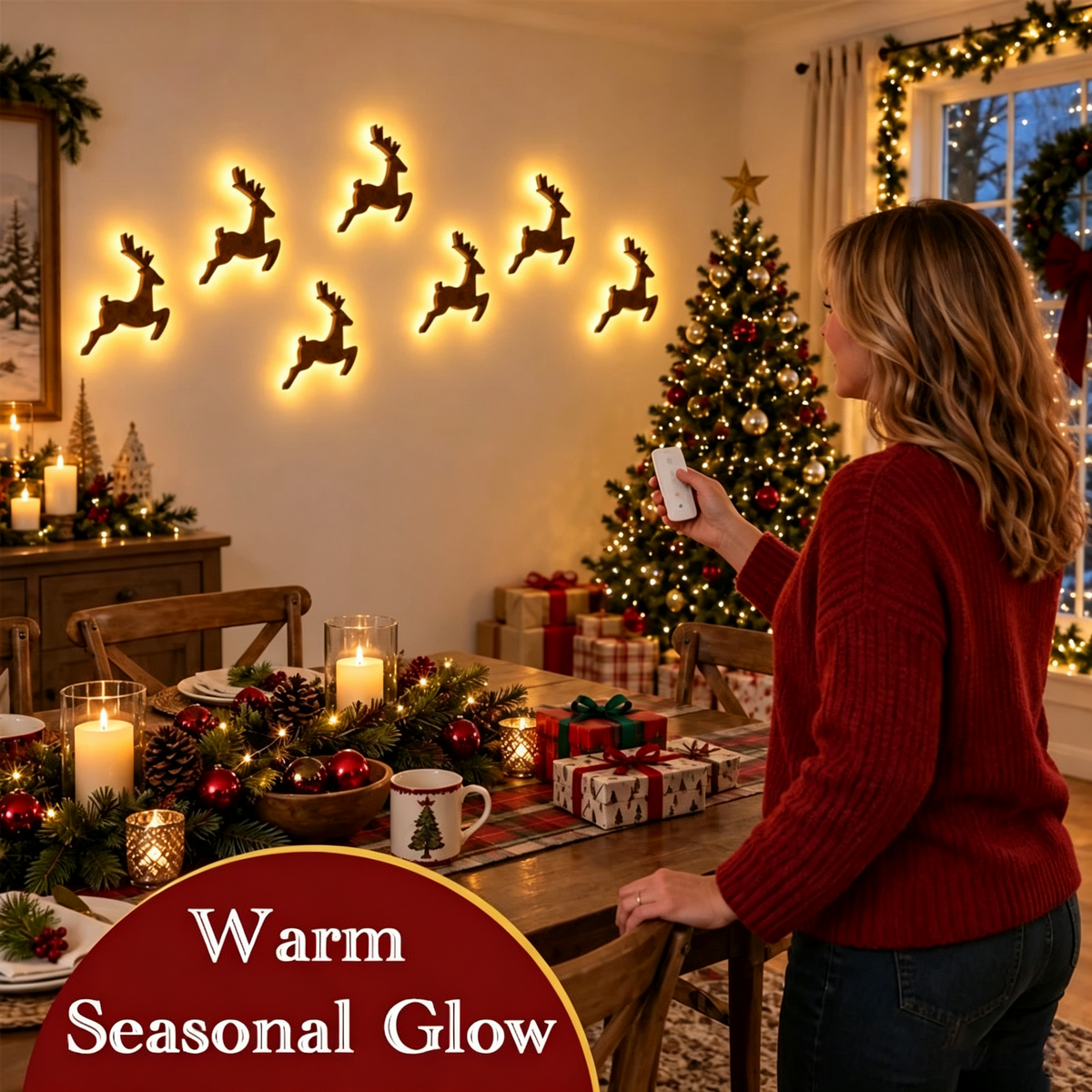 🎅 7-Piece Glowing Reindeer Wall Decor – Warm Festive Christmas Lighting🦌
