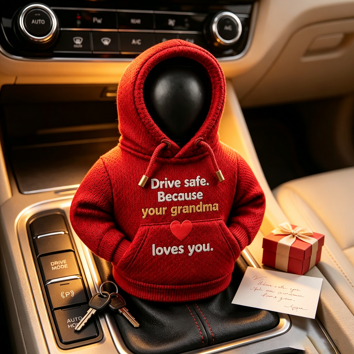 Mini Car Gear Shift Knob Hoodie Cover - "Drive Safe Grandma Loves You" Cute Shifter Sweatshirt Gift for Grandson & Family