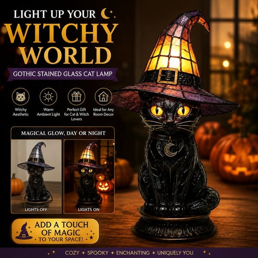 🐈‍⬛Gothic Stained Glass Witch Black Cat Table Lamp