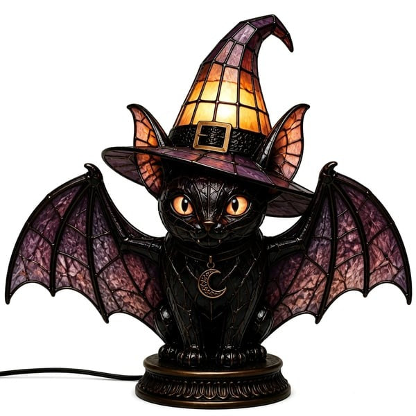 🐈‍⬛Gothic Stained Glass Witch Black Cat Table Lamp