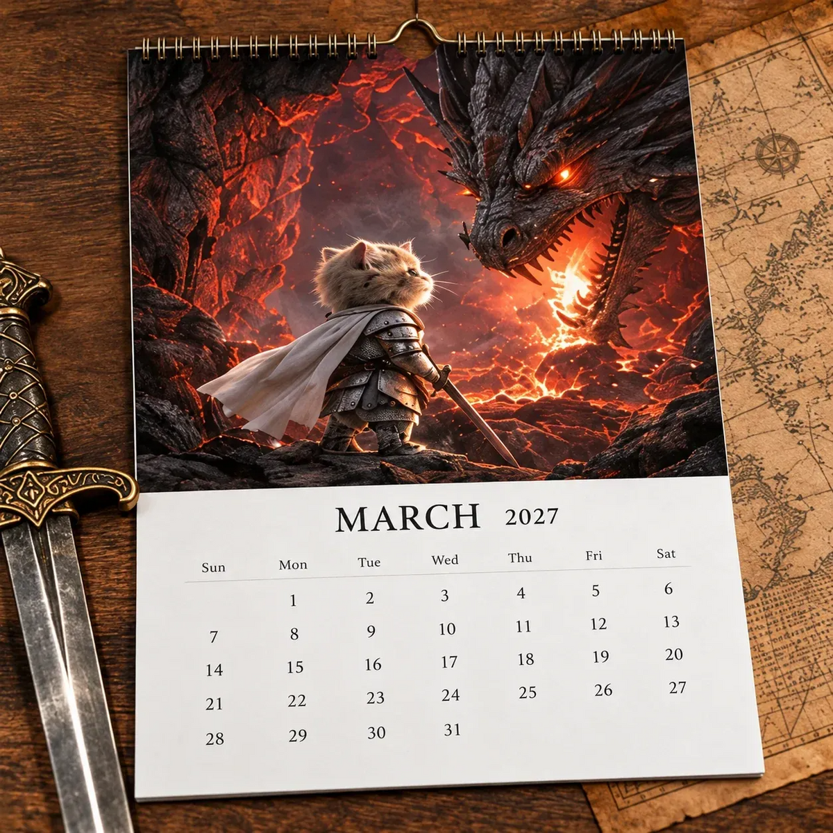 🐱2027 Knight Cat vs. The Dragon Wall Calendar | 12 Fantasy Scenes