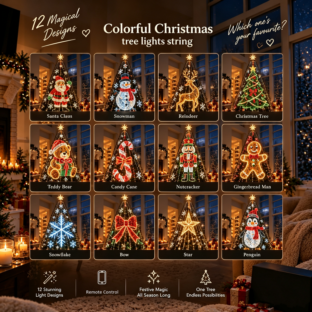 Christmas tree lights with 12 festive designs