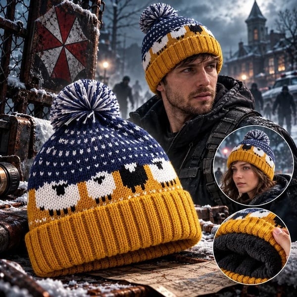 🎥Movie-Inspired Sheep pattern Knit Beanie Hat with Pom Pom🐑