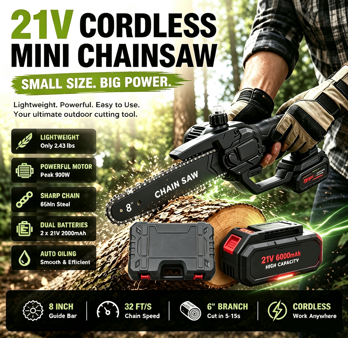 21V 8-Inch Cordless Mini Chainsaw
