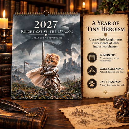 🐱2027 Knight Cat vs. The Dragon Wall Calendar | 12 Fantasy Scenes