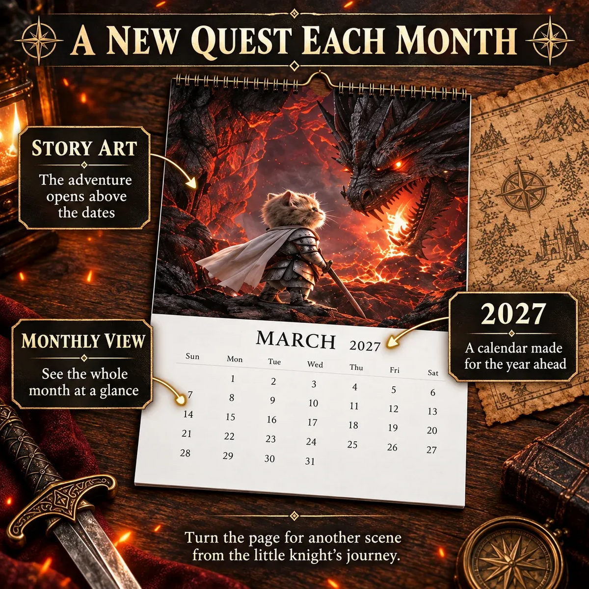 🐱2027 Knight Cat vs. The Dragon Wall Calendar | 12 Fantasy Scenes
