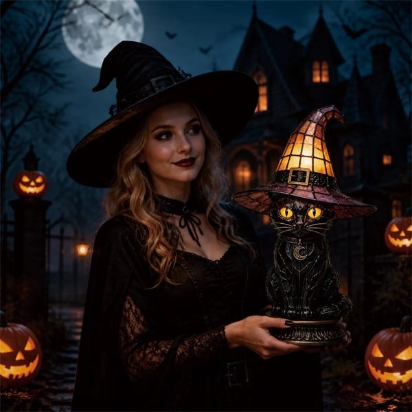 🐈‍⬛Gothic Stained Glass Witch Black Cat Table Lamp