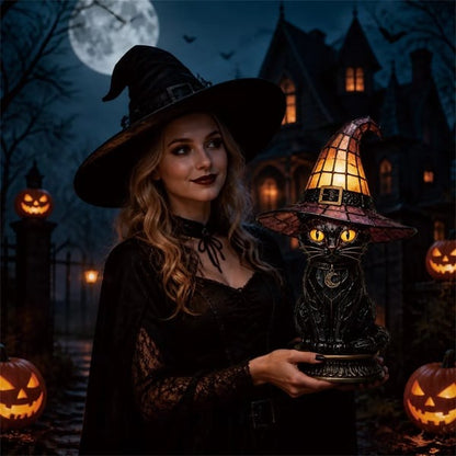 🐈‍⬛Gothic Stained Glass Witch Black Cat Table Lamp