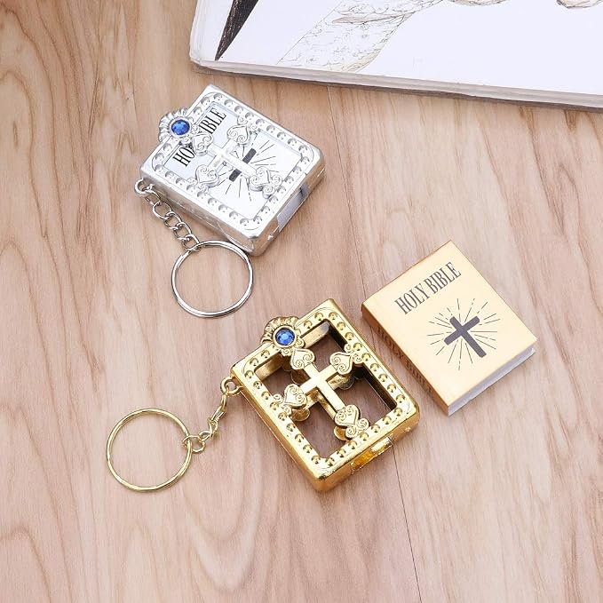 dht™⭐Mini Holy Bible Keychain Religious Favor Christian Jesus Keychain Keyring (Golden and Silver)