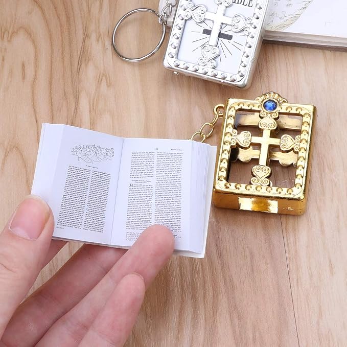 dht™⭐Mini Holy Bible Keychain Religious Favor Christian Jesus Keychain Keyring (Golden and Silver)