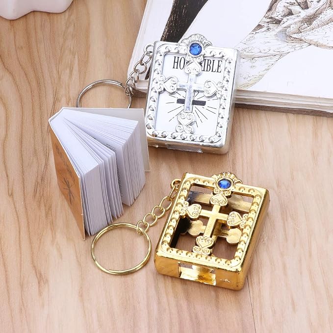 dht™⭐Mini Holy Bible Keychain Religious Favor Christian Jesus Keychain Keyring (Golden and Silver)