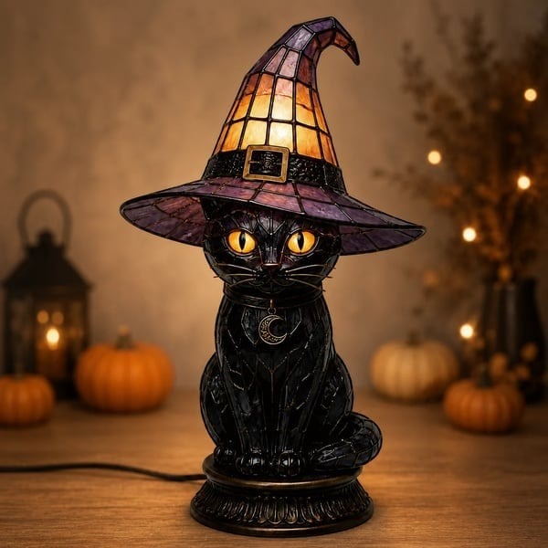 🐈‍⬛Gothic Stained Glass Witch Black Cat Table Lamp