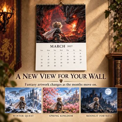 🐱2027 Knight Cat vs. The Dragon Wall Calendar | 12 Fantasy Scenes