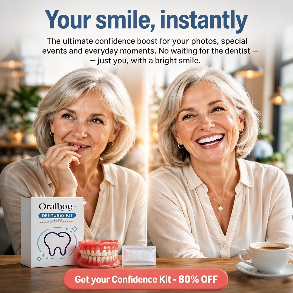 Full Set Natural Dentures Upper & Lower Silicone Fake Teeth Braces Comfort Fit 