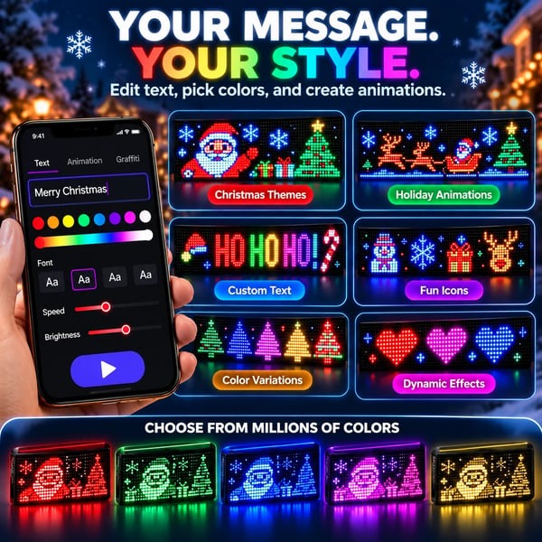 🎄 Smart LED Pixel Car Display — 🚗 App-Controlled Custom Text, Colors & Animations