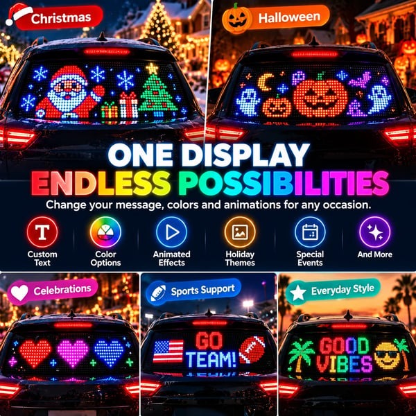 🎄 Smart LED Pixel Car Display — 🚗 App-Controlled Custom Text, Colors & Animations