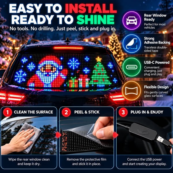 🎄 Smart LED Pixel Car Display — 🚗 App-Controlled Custom Text, Colors & Animations