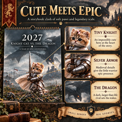 🐱2027 Knight Cat vs. The Dragon Wall Calendar | 12 Fantasy Scenes